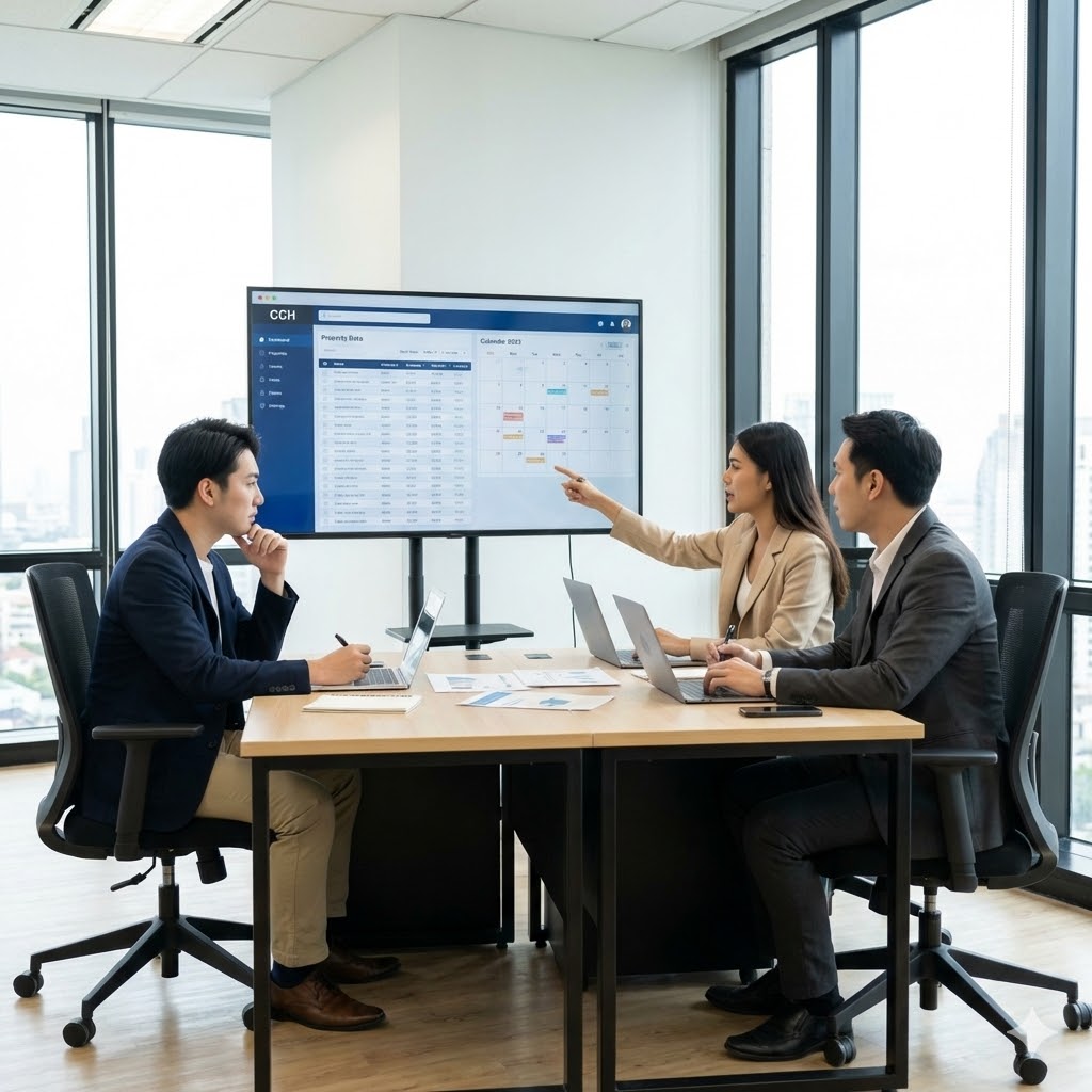 日本人スタッフとタイ人スタッフが笑顔でミーティングしている様子